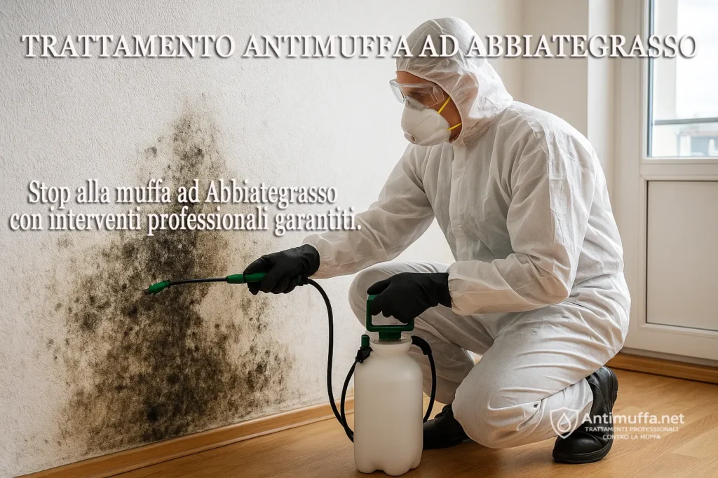 Tecnico specializzato esegue un trattamento antimuffa su una parete interna ad Abbiategrasso utilizzando prodotti professionali ed ecologici.