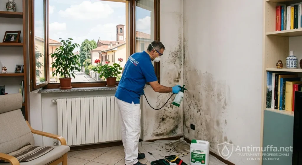Tecnico specializzato esegue trattamento antimuffa su parete con muffa in una casa ad Abbiategrasso